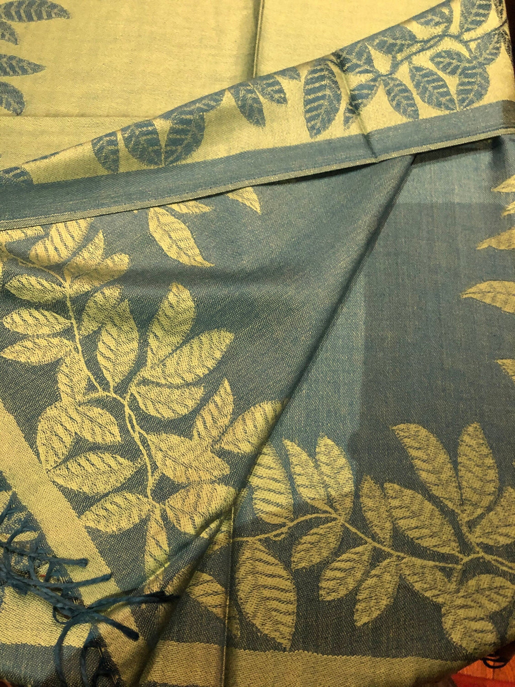 Pashmina shawl blue Scarf Vintage and Green Wrap Vine Teal Reversable Brocade