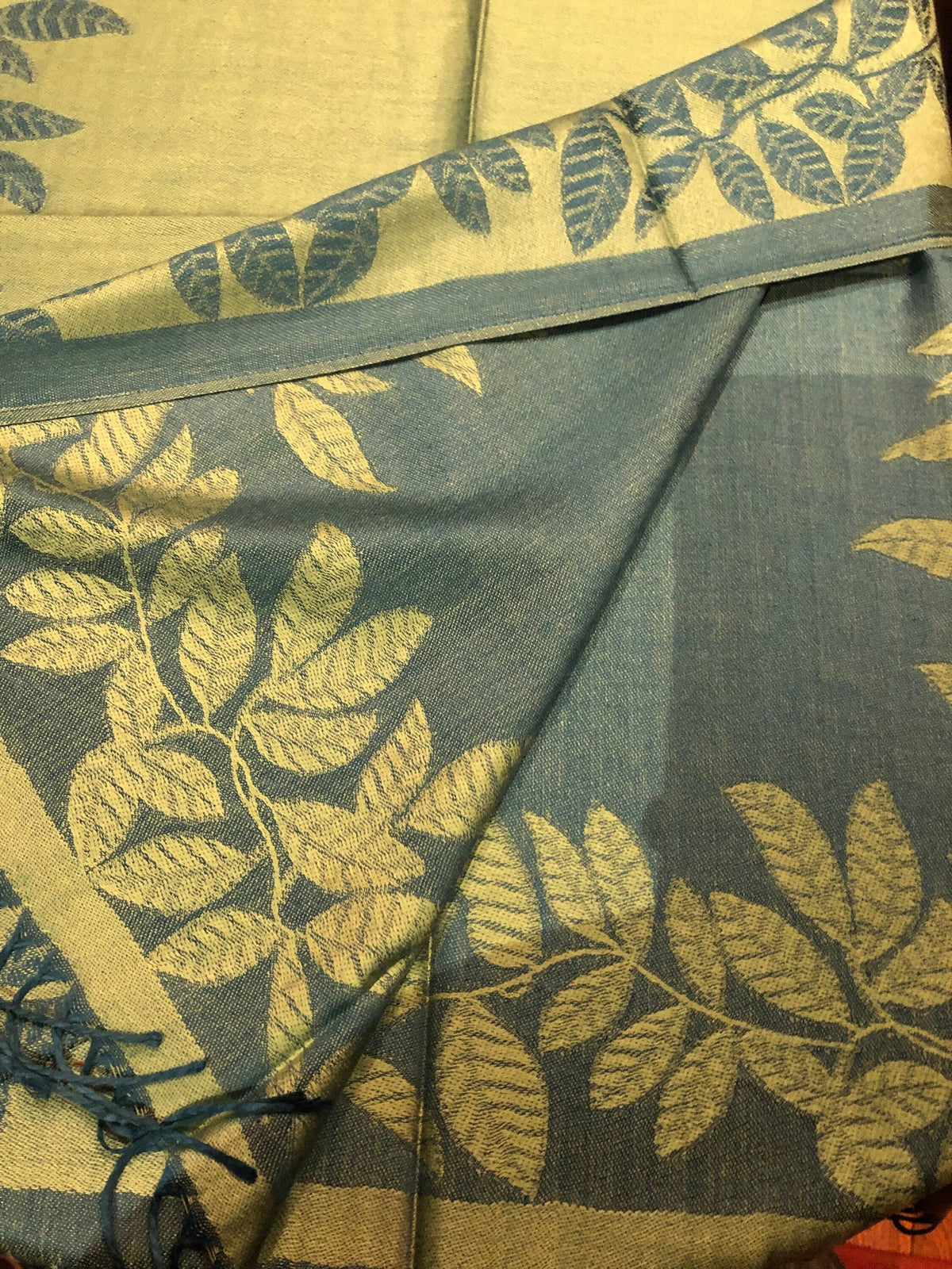 Pashmina shawl blue Scarf Vintage and Green Wrap Vine Teal Reversable Brocade