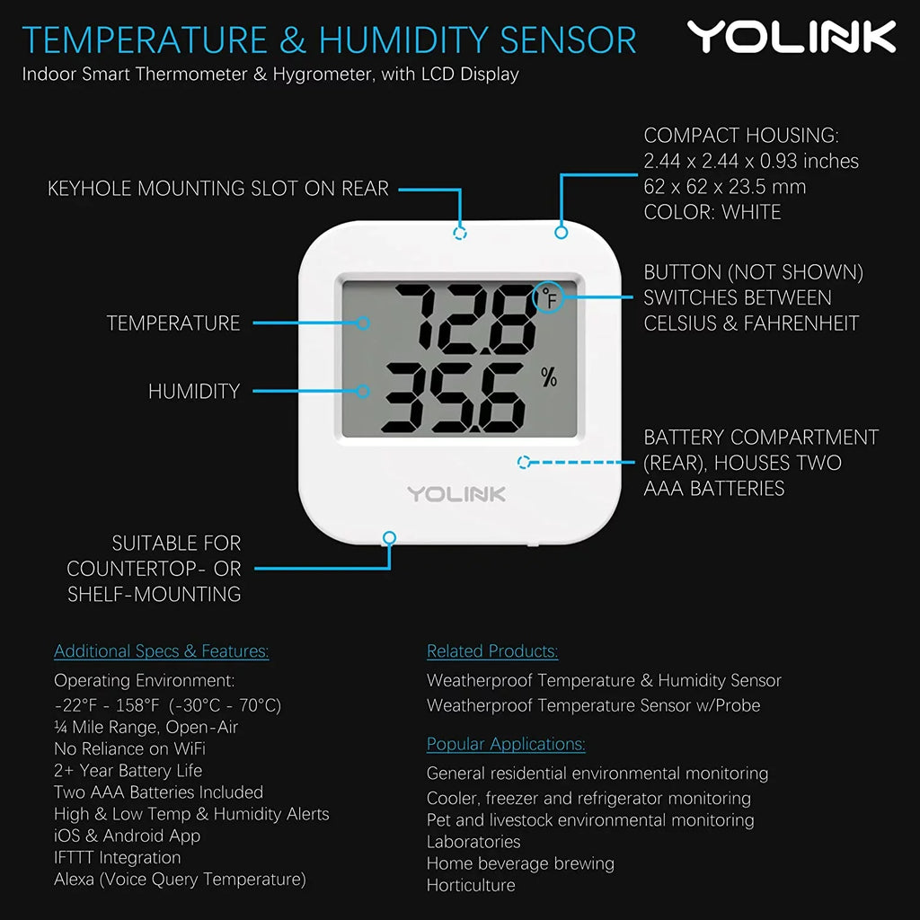 2 Range Smartphone Humidity Fridge Wide with Freezer Smart / to Alerts, Pet Monitoring Temperature Sensor Included Pack Works (-22 158 - IFTTT, degrees) Cage/Tank Hub Monitoring for Wireless Alexa