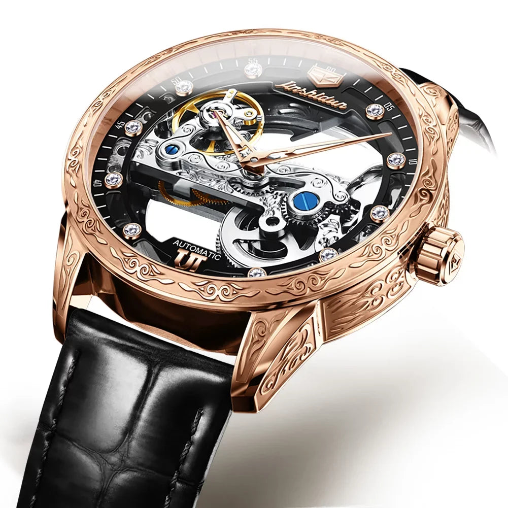 Watch Black Mechanical Luminous Men's Transparent Rose Automatic Skeleton
