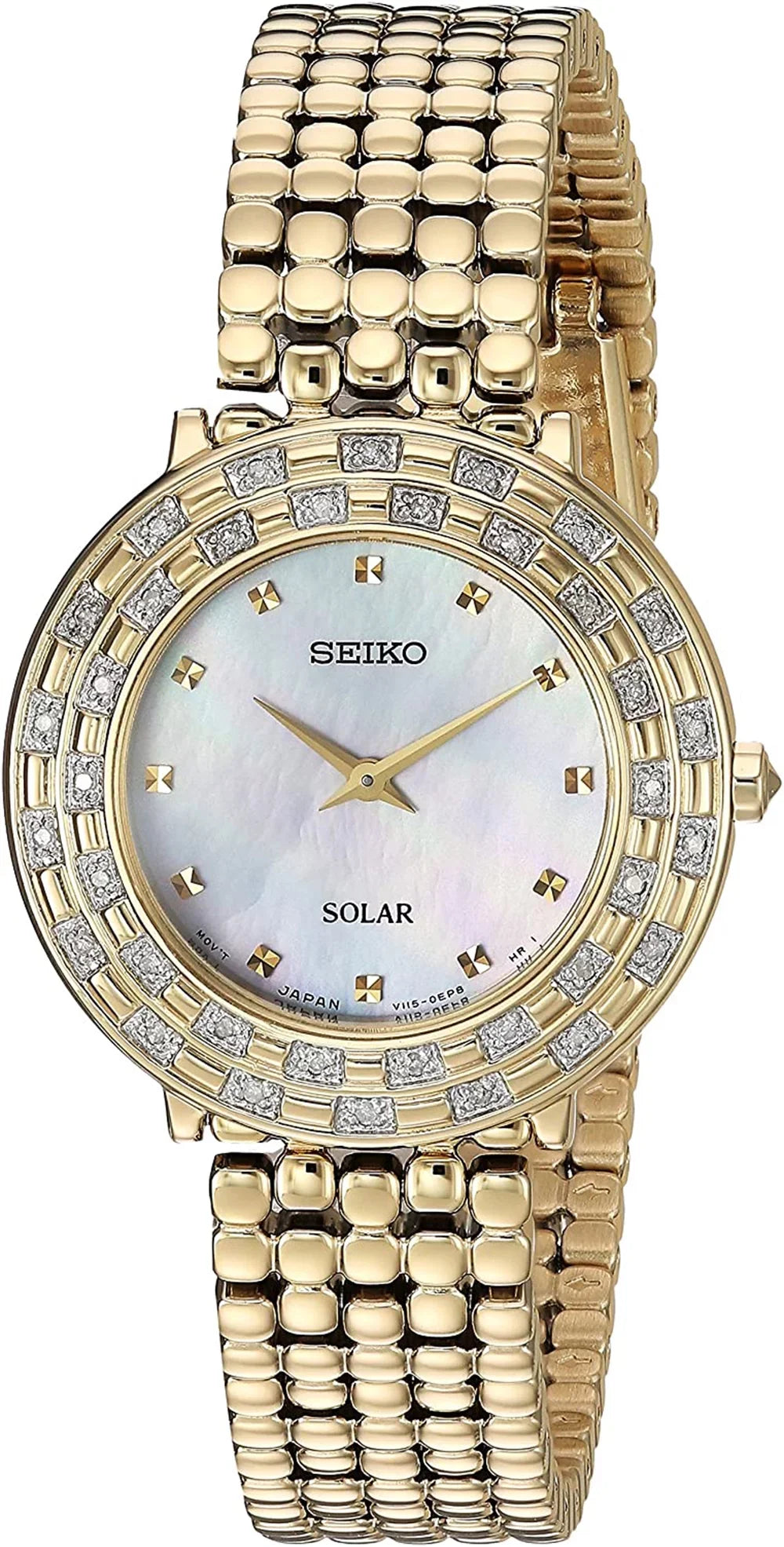 Solar Tressia Watch Gold Steel Tone Stainless SUP374 Seiko Diamonds Women's