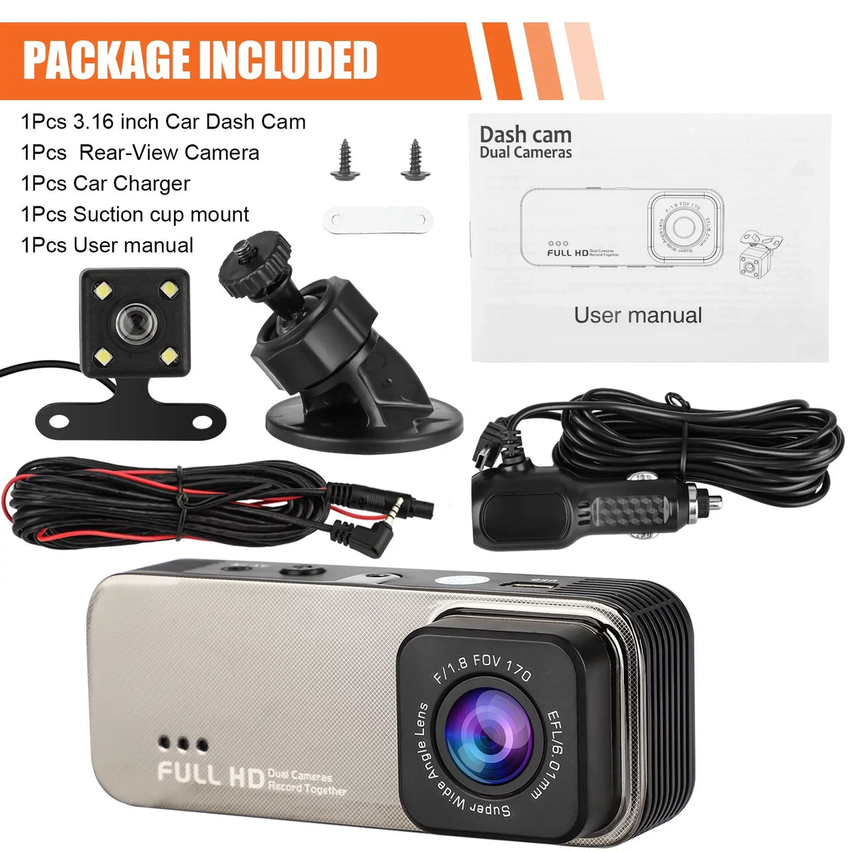 Camera Parking WDR, G-Sensor, Dash Dash Monitoring, Detection, Dashboard Rear and 170° Black Dual Cars, Display, with 1080P 3.16inch Camera Cam, Dual Wide Recorder for Angle Motion TSV Front