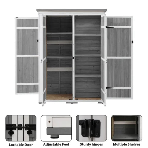 Wood Hx4.1ft Lockable Doors, 5.5ft exterior Asphalt Cabinet Garden White with Four and Roof, L Tool Shed, Multiple-tier Storage Waterproof Shelves, Gray