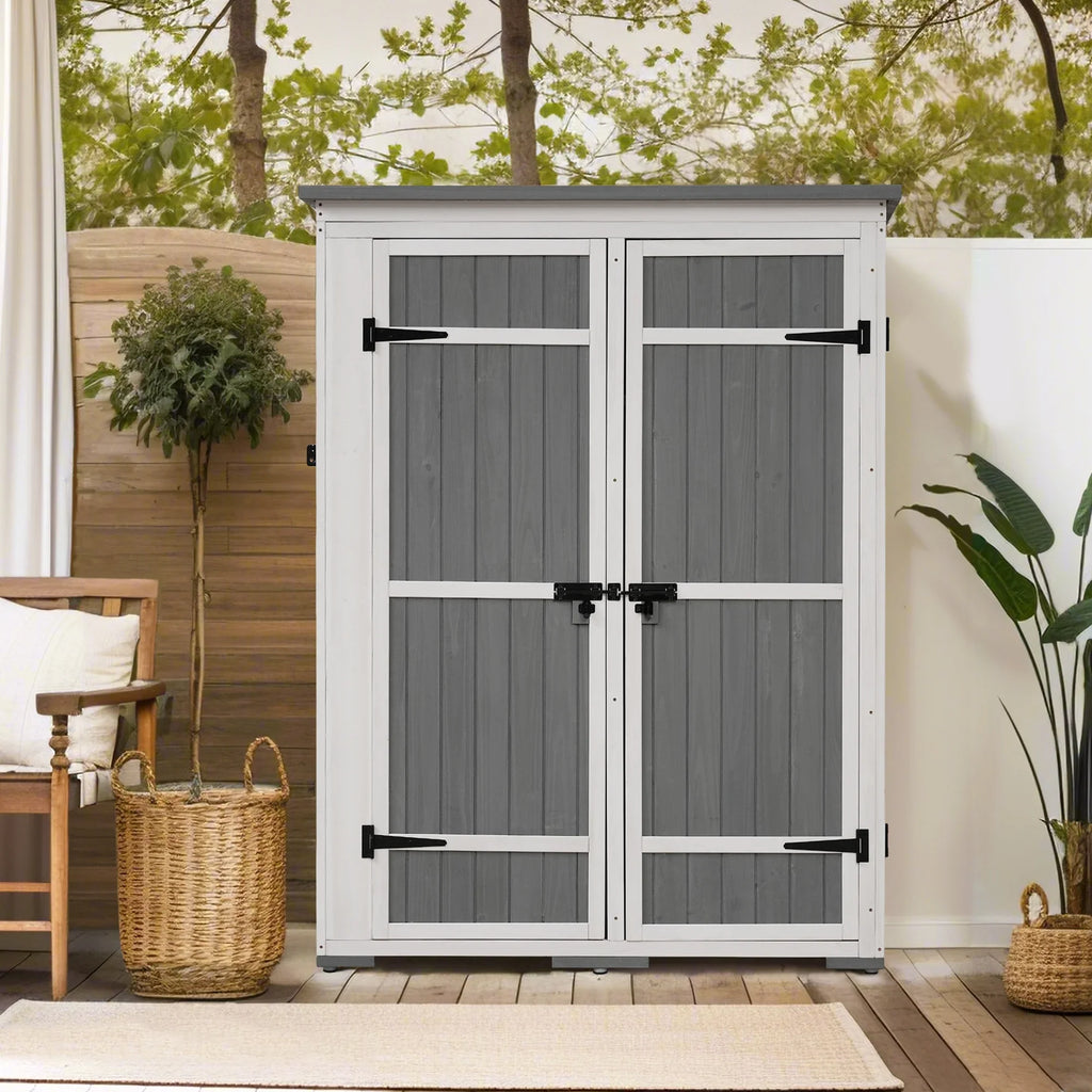 Waterproof Storage Lockable Homiyad Hx4.1ft L and Cabinet with Asphalt Tool Multiple-Tier exterior Shelves, Gray Shed, Doors, Garden Roof, Wood Four White 5.5ft