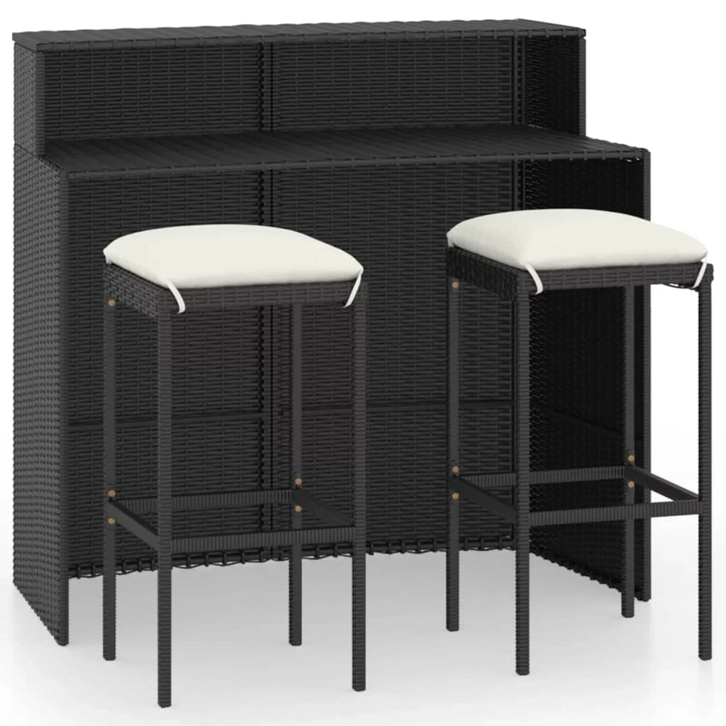 Bistro, Storage Backyard, Piece Patio Set Shelf Dining Pub, for 2 Terrace, Cushioned Rattan Set Garden Table 3 Chairs and Stool Black Bar with Dcenta Poly