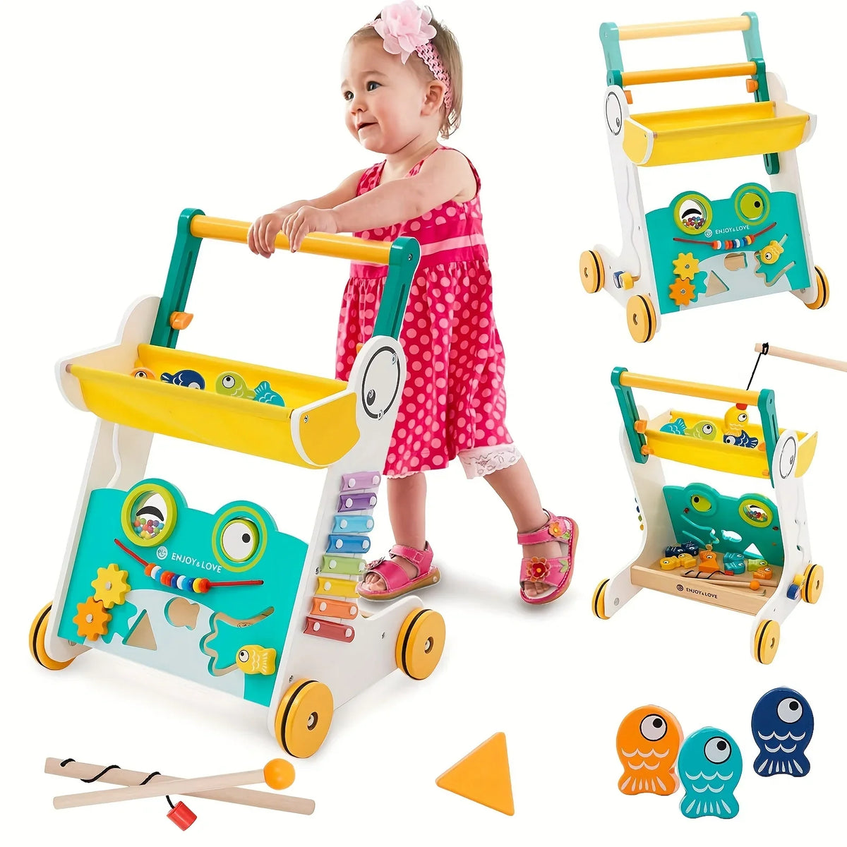 Activity Center Toy Baby Kids with for Boys Girls Multiple Infants Learning Wooden Baby Sorter Along Walker Xylophone Entertainment Walker Push Sit-to-Stand Shape Fishing Trolley Push Toddler