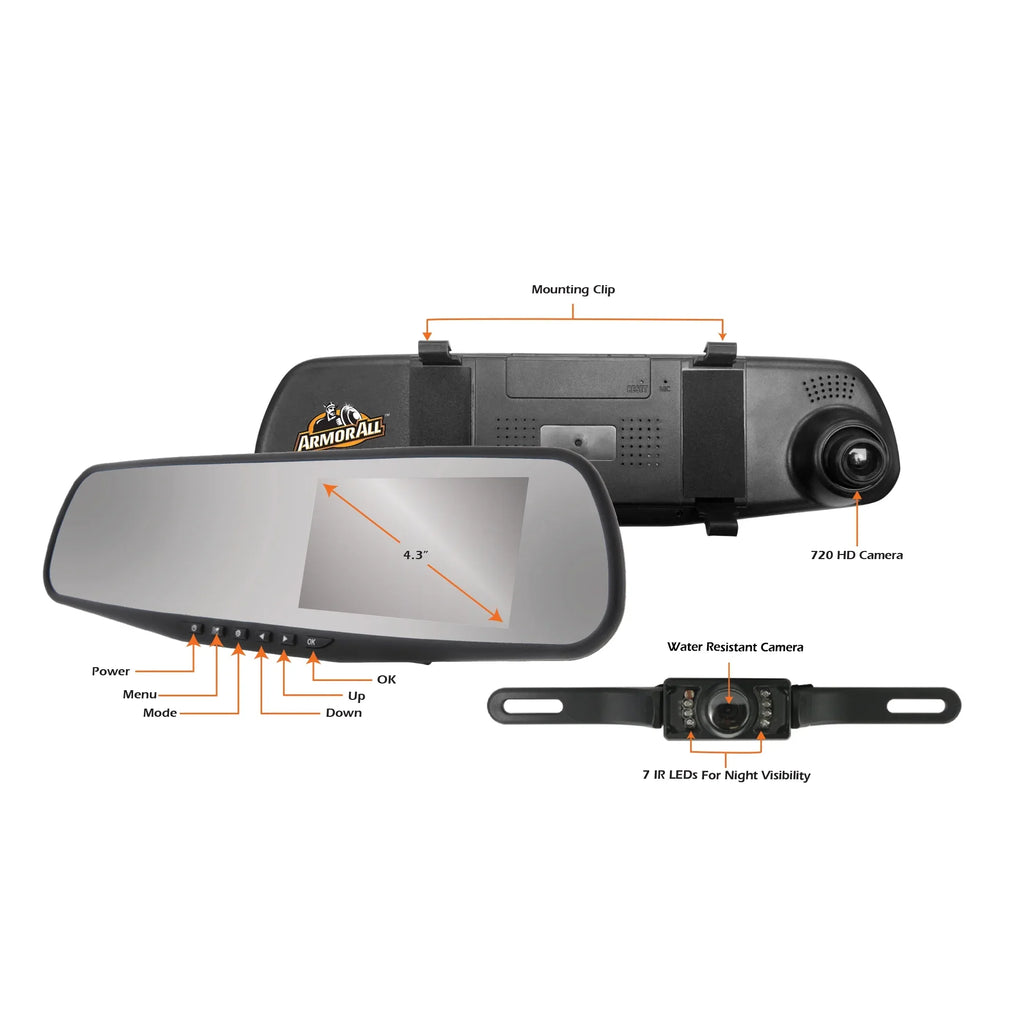 HD View, Screen, Backup Inch Instant Of Direction/Field Camera, Mirror 4.3 Rearview 720P LCD Card Included Motion 16GB Armor Dash All and Storage