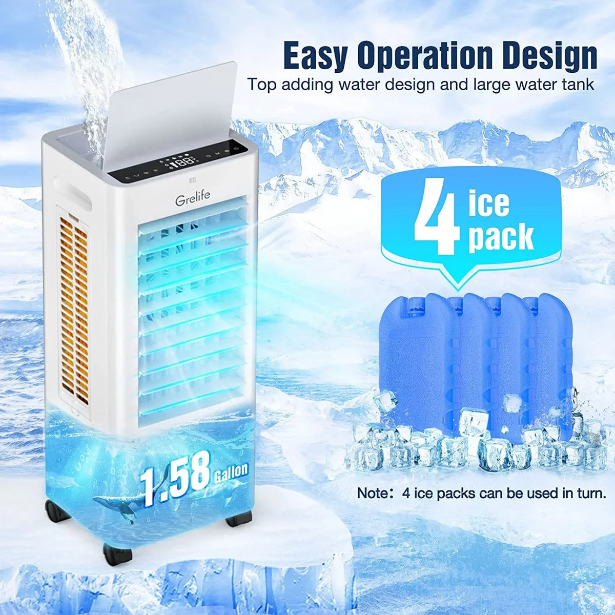 LIANMEI Cooler Portable Cooling liquid Swamp 12H Timer, Control, Cooler, 3 Modes, Speeds, 3 for Air 3-IN-1 Bedroom Air Personal Home 4 Evaporative Packs, Ice Fan with Tank, Office Cooler 1.58Gal Remote