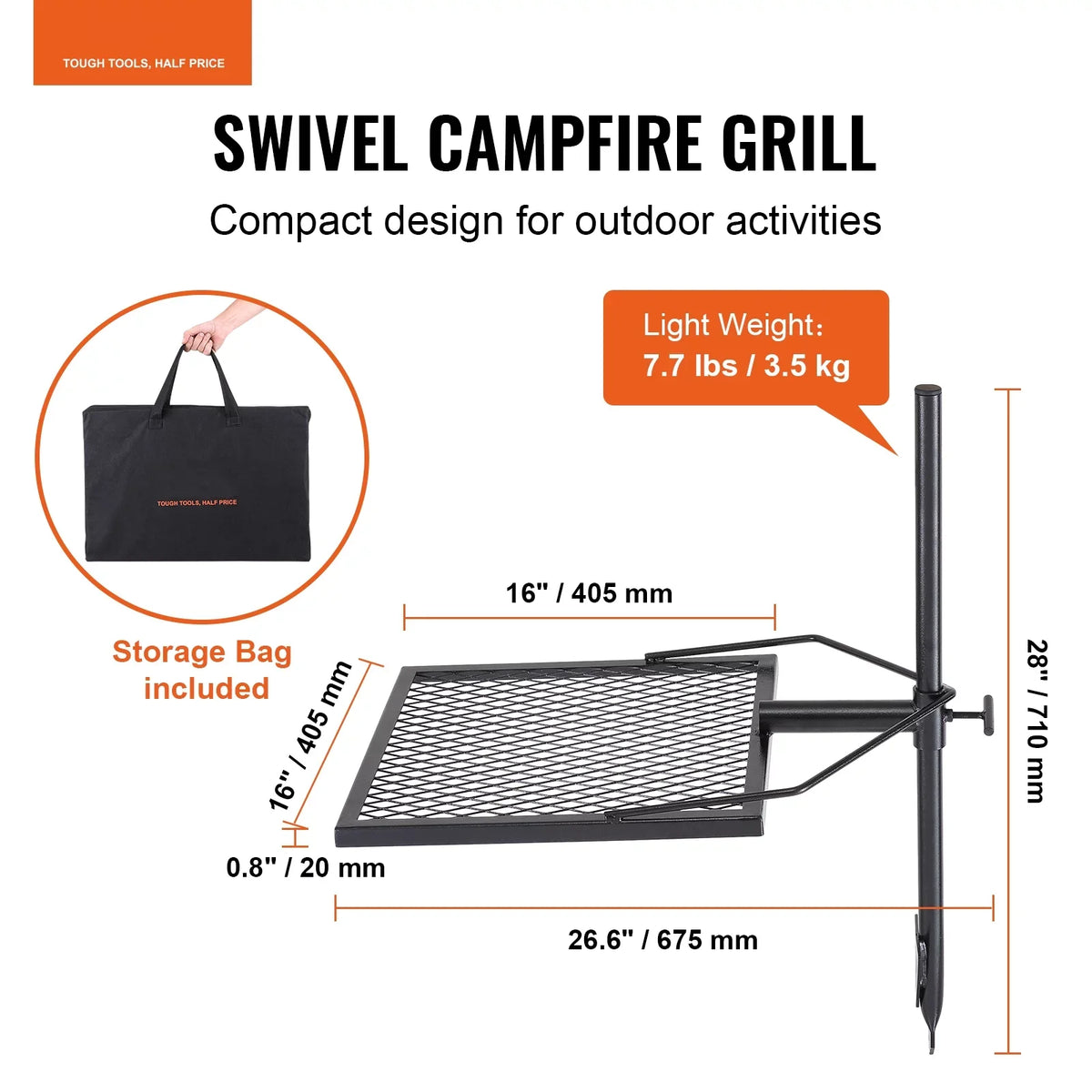 Heavy Steel Fire Cooking Duty x Open Adjustable Campfire 16" 16" Grate BENTISM Swivel Grill