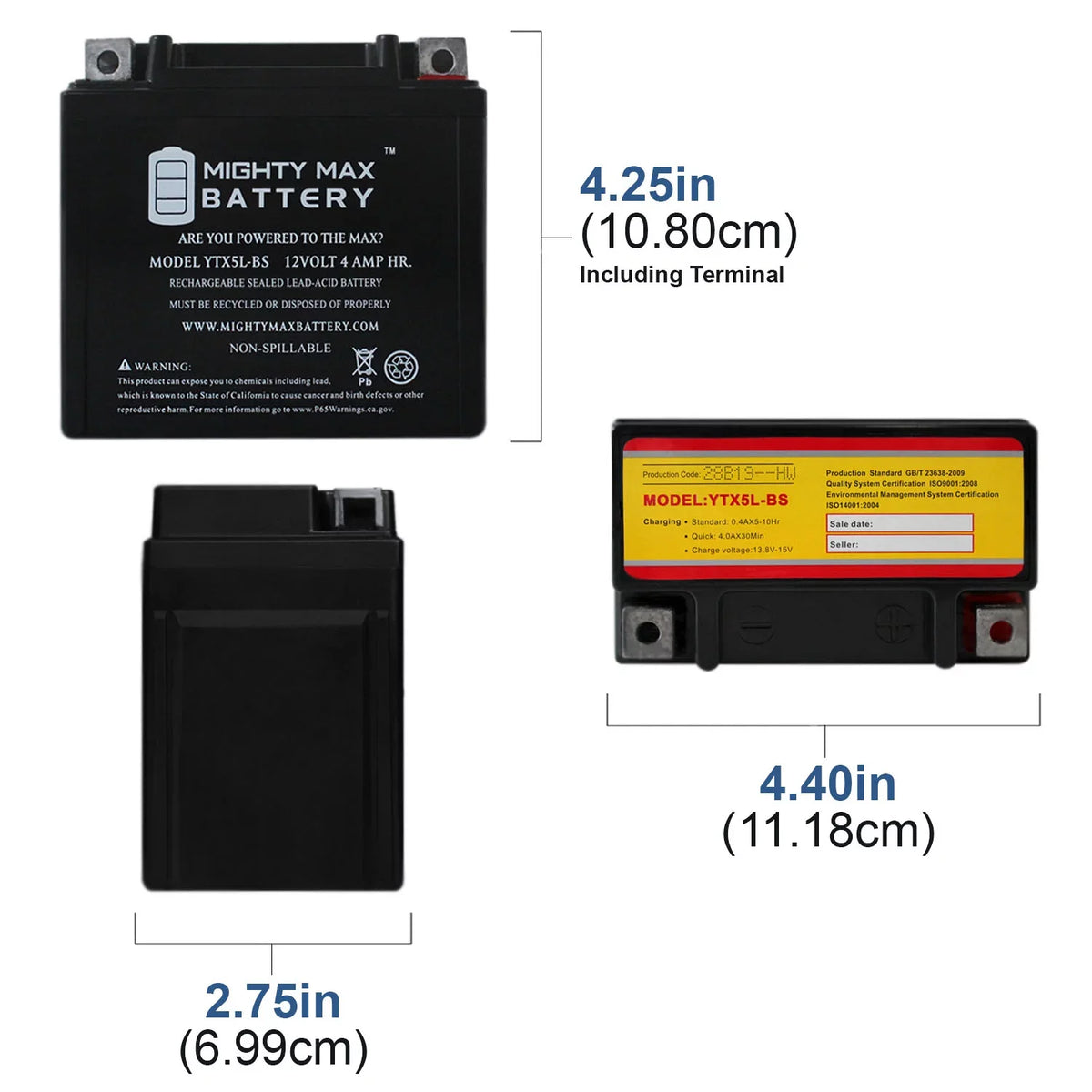 for 12V Yamaha Replacement 05-20 Battery 230 TTR230 4AH YTX5L-BS