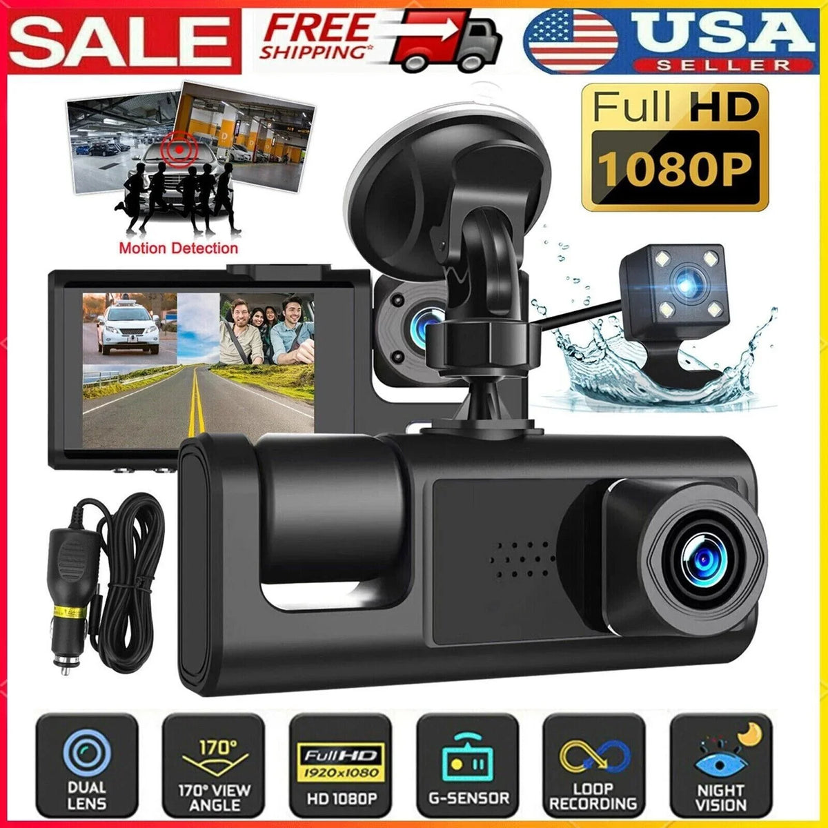 Car Recorder 1080P G-sensor Dash Lens Camera Dual Front/Rear/Inside Video Cam