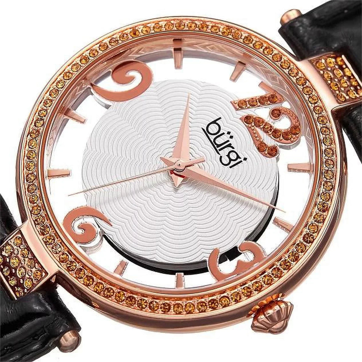 Accents Leather Rose Crystal Gold See Swarovski with Women's Watch Strap and Quartz with Black BUR150BKR Thru Dial