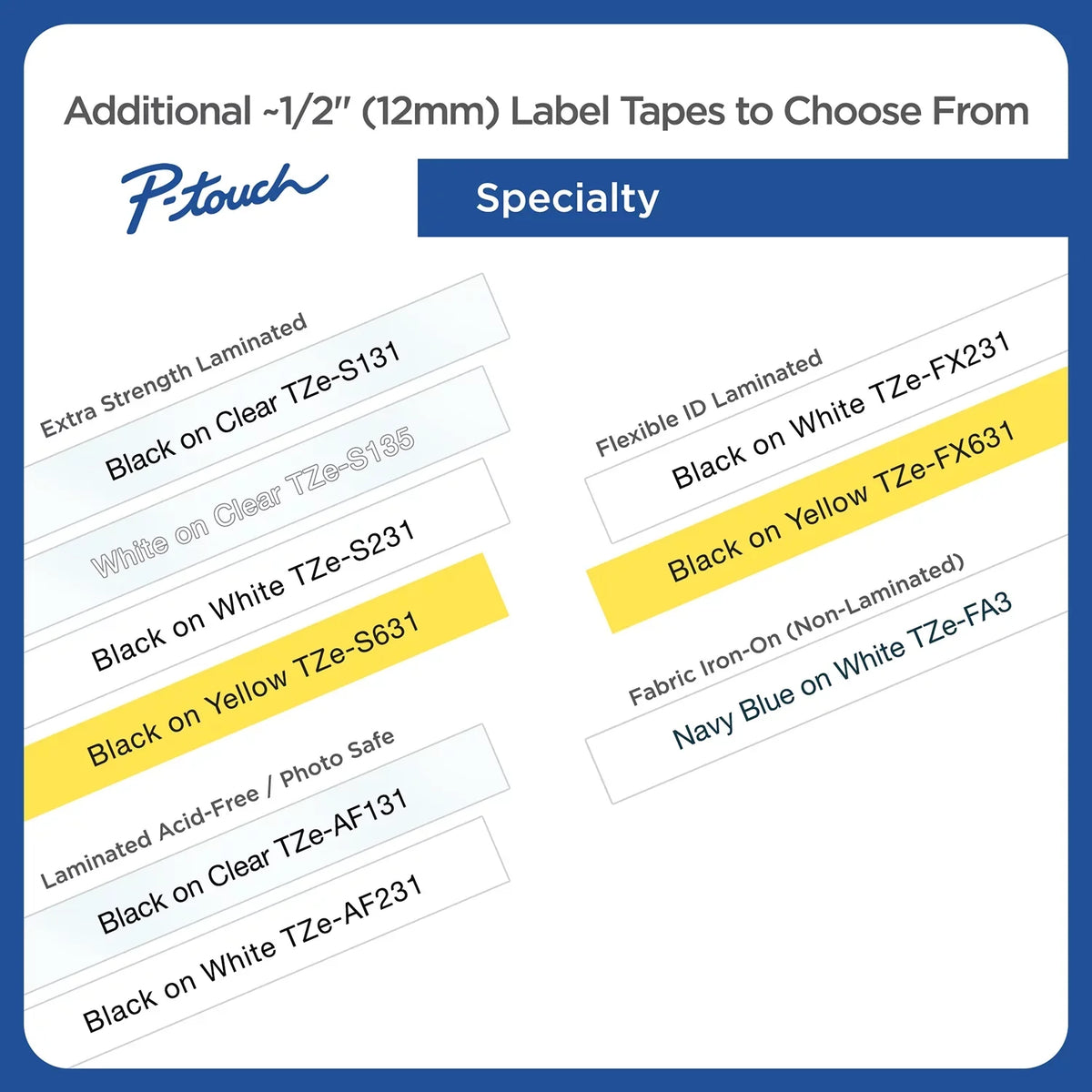 Black P-touch 2/Pack Laminated White, Brother Tze Labeling Adhesive on Tapes, 1/2"w, Standard