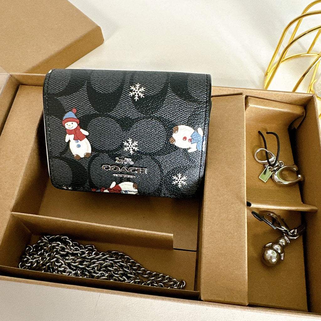 Boxed IN Black Wallet Multi Snowman Chain Coach With A In Canvas Mini CN047 Signature Print On
