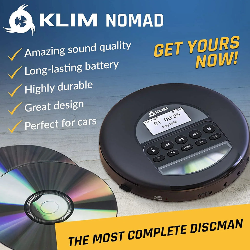 Battery, Radio, Black CD KLIM Good) Card, AM Rechargeable MP3, (Refurbished: Discman Fusion Nomad with Bluetooth- Ideal for Portable TF Headphones, Player Pre-Owned FM Cars,