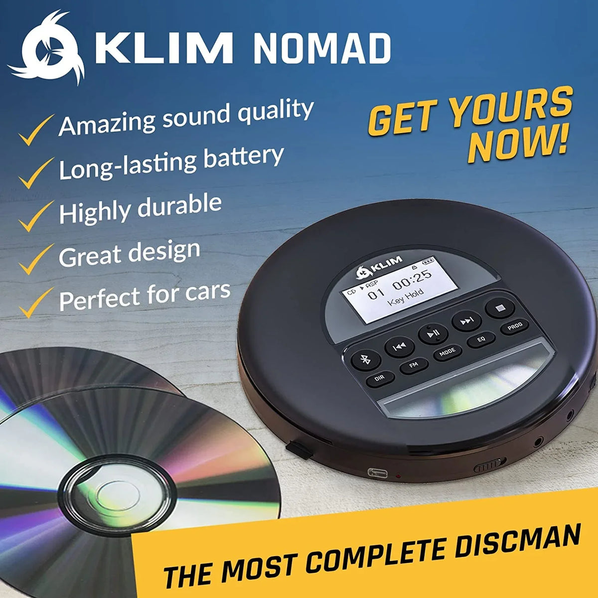 Battery, Radio, Black CD KLIM Good) Card, AM Rechargeable MP3, (Refurbished: Discman Fusion Nomad with Bluetooth- Ideal for Portable TF Headphones, Player Pre-Owned FM Cars,