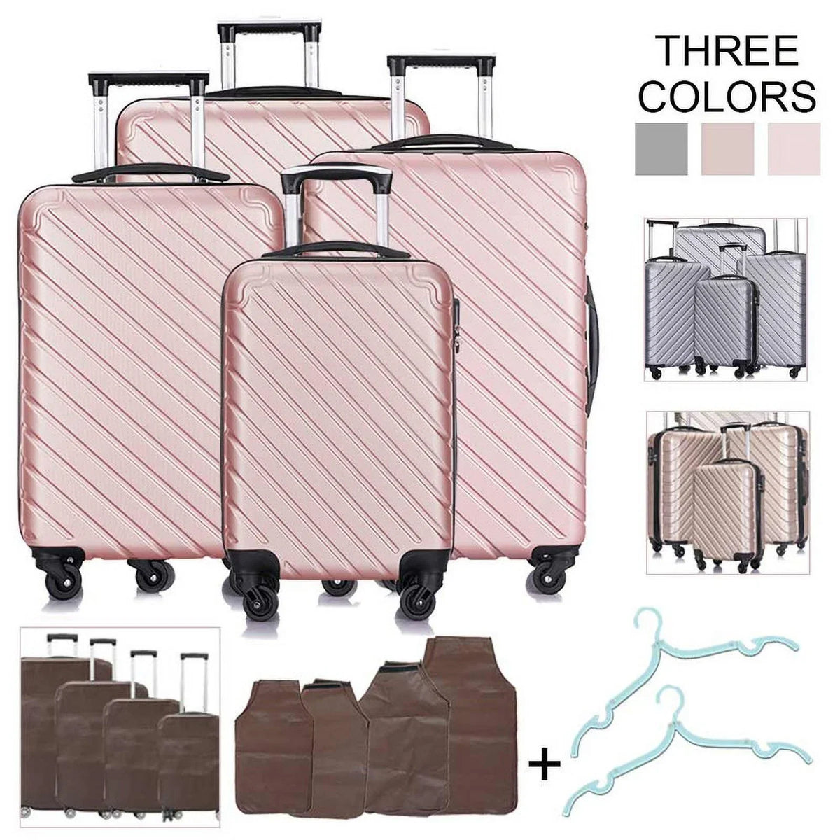 4 Luggage Luggage Piece gold rose Cover&Hanger Spinner Hardshell with On Suitcase,Carry Free Wheels Sets,Travel Inside