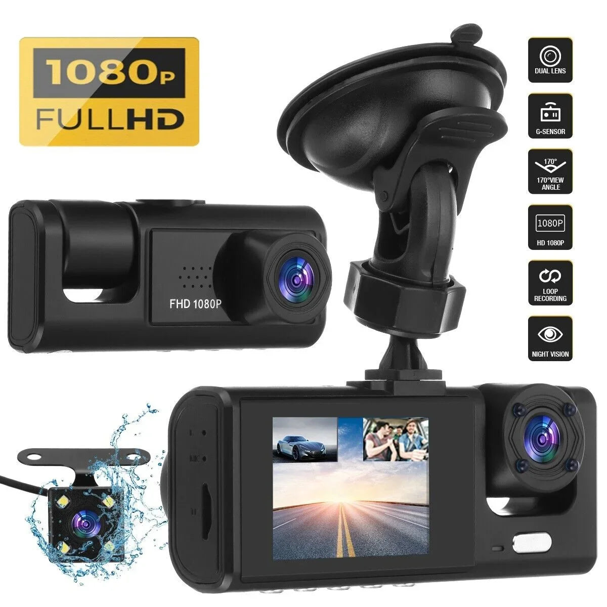 Car Recorder 1080P G-sensor Dash Lens Camera Dual Front/Rear/Inside Video Cam